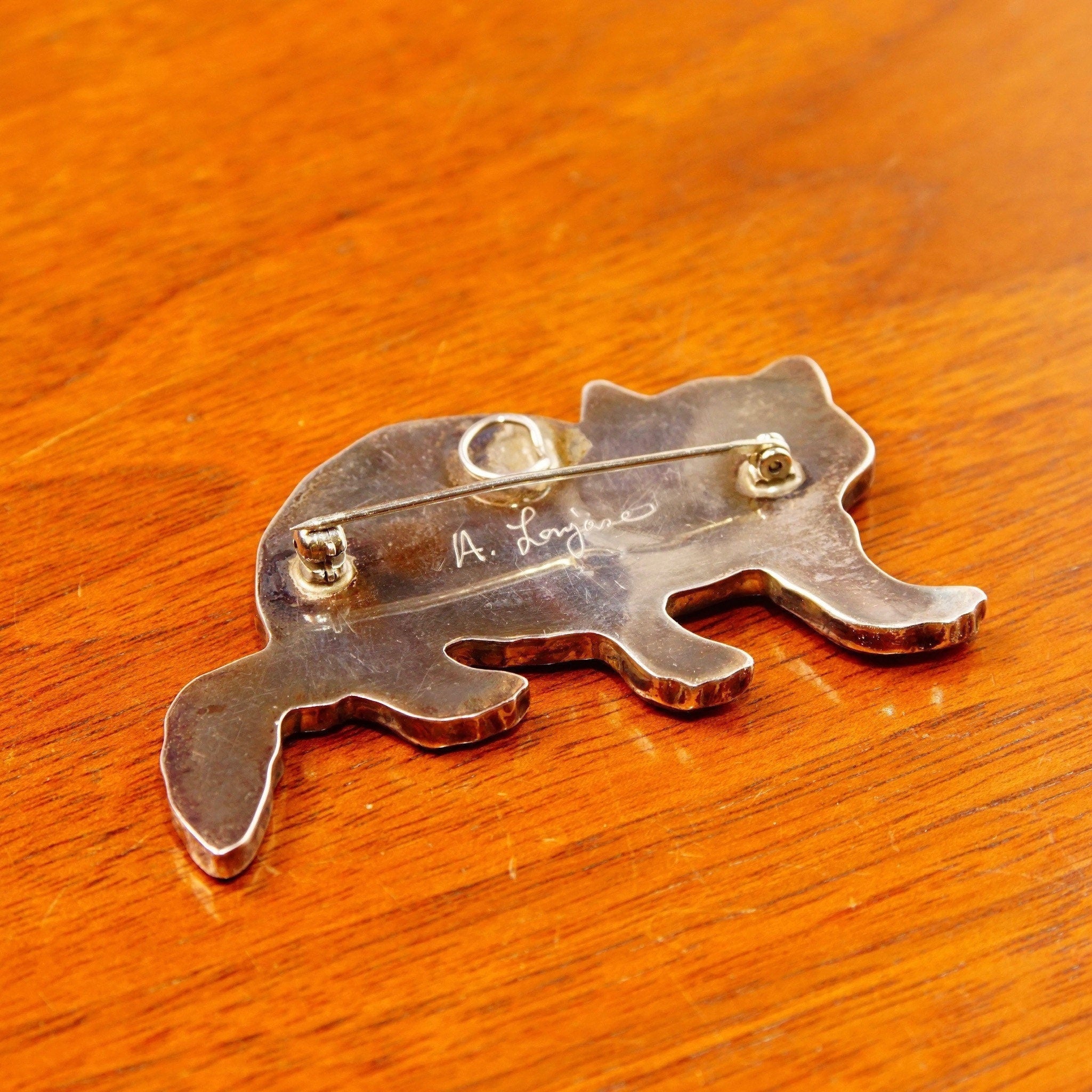 Vintage Signed Sterling Silver Shell Inlay Raccoon Brooch Pendant, Engraved Shell/Composite, Turquoise Eyes, Animal Lovers, 2 3/8" W