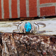Vintage Southwestern Turquoise Cuff Bracelet, Sterling Silver Cut Out Cuff, Blue Turquoise With Silver Flecks, Silver Leaf Design, 5 1/2 L