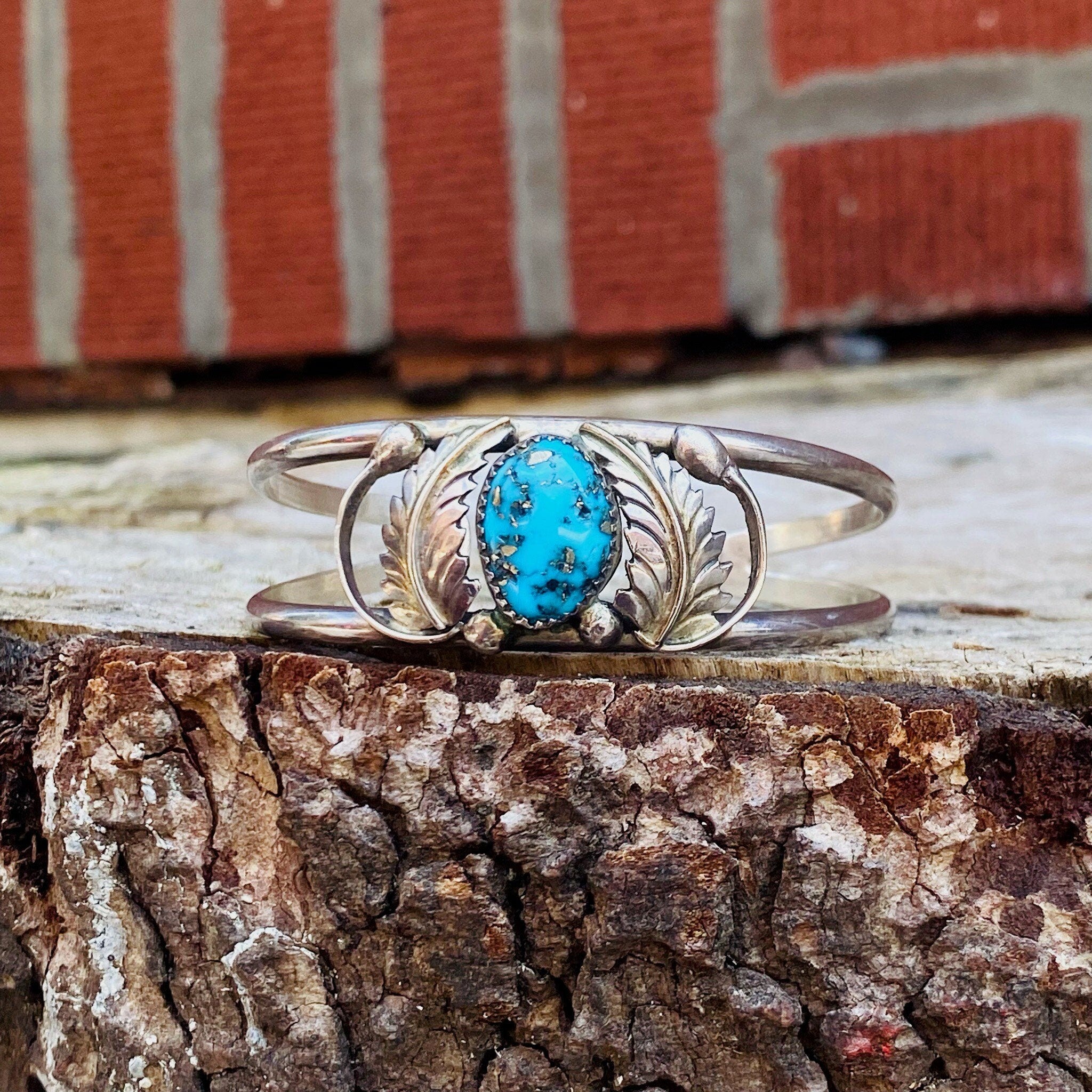 Vintage Southwestern Turquoise Cuff Bracelet, Sterling Silver Cut Out Cuff, Blue Turquoise With Silver Flecks, Silver Leaf Design, 5 1/2 L