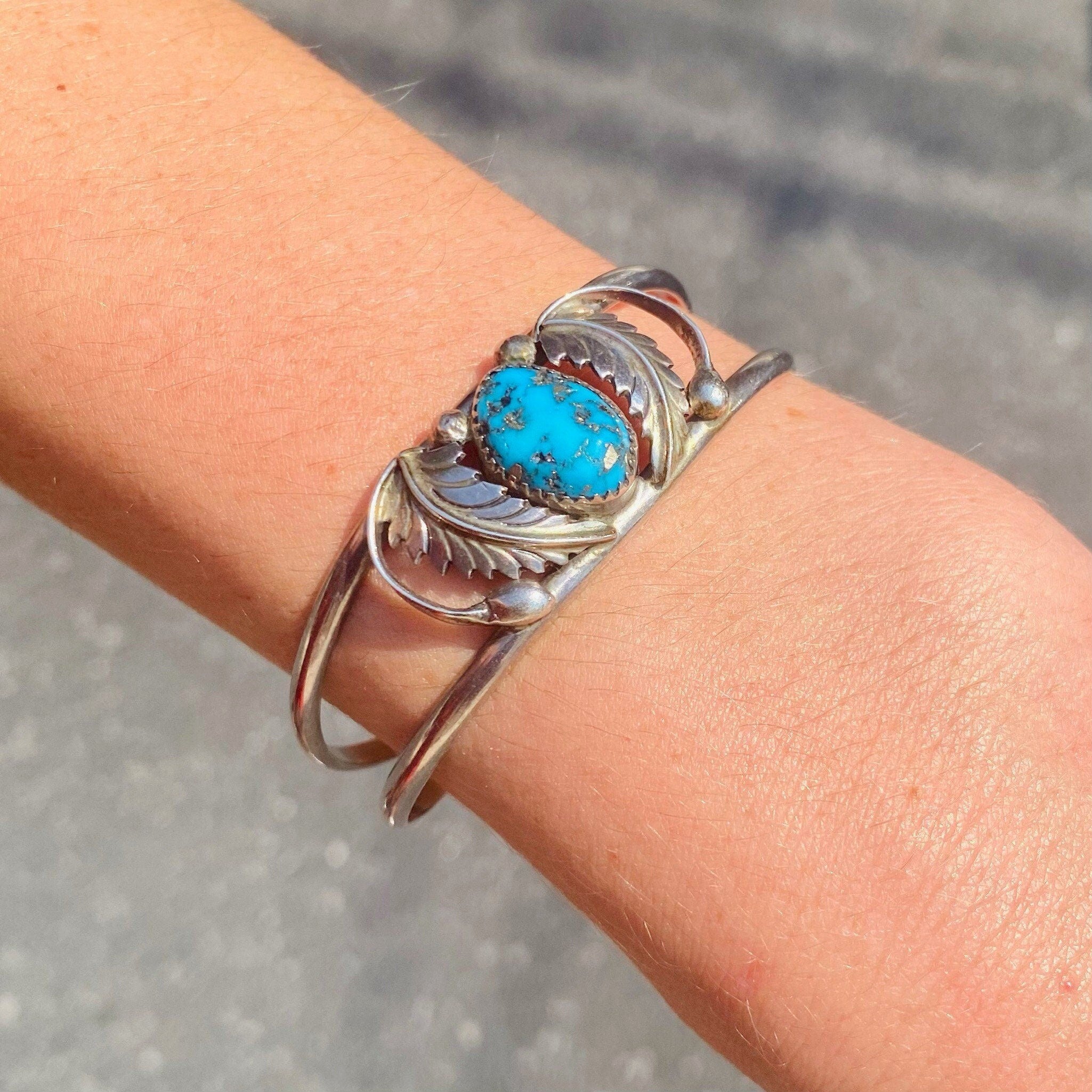 Vintage Southwestern Turquoise Cuff Bracelet, Sterling Silver Cut Out Cuff, Blue Turquoise With Silver Flecks, Silver Leaf Design, 5 1/2 L