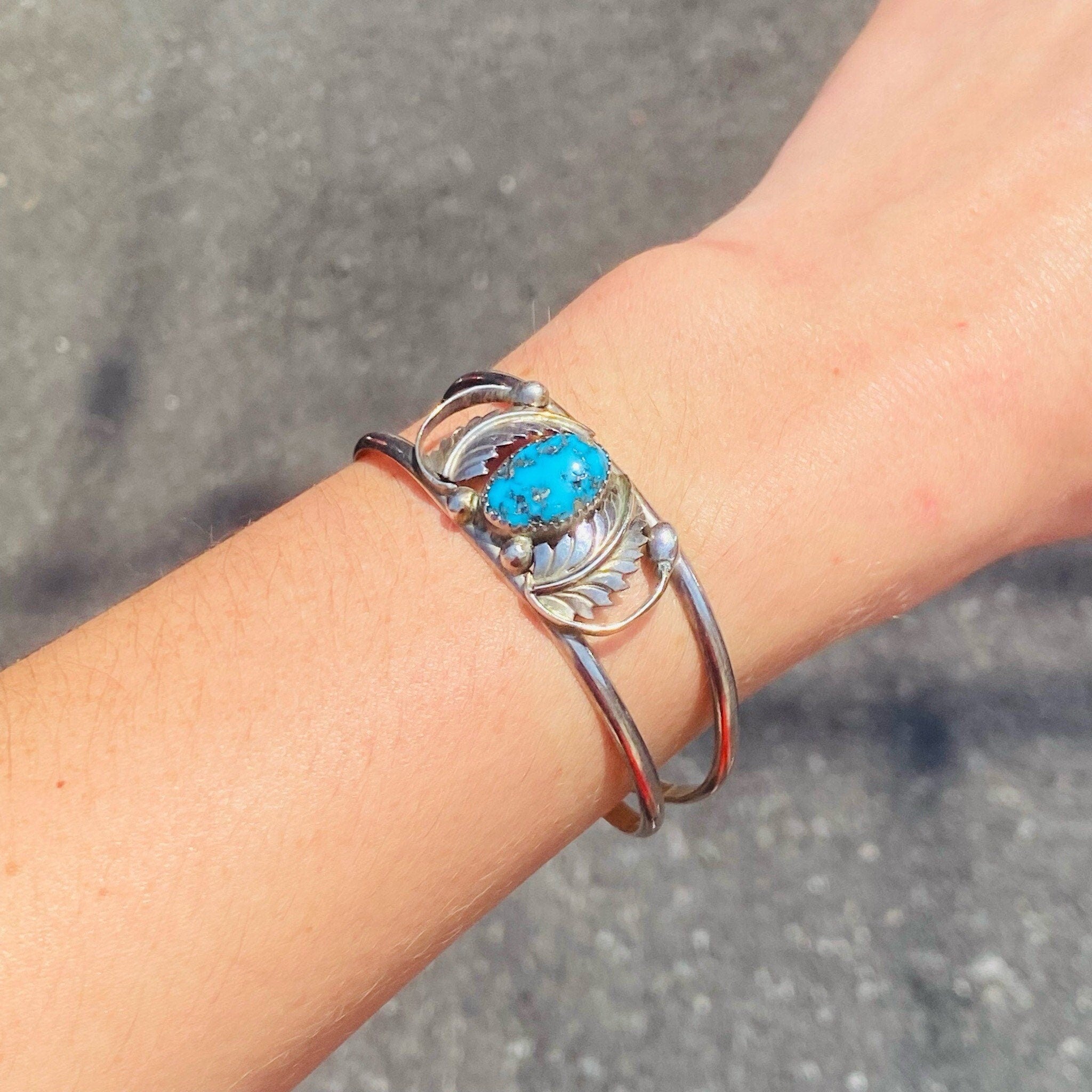 Vintage Southwestern Turquoise Cuff Bracelet, Sterling Silver Cut Out Cuff, Blue Turquoise With Silver Flecks, Silver Leaf Design, 5 1/2 L