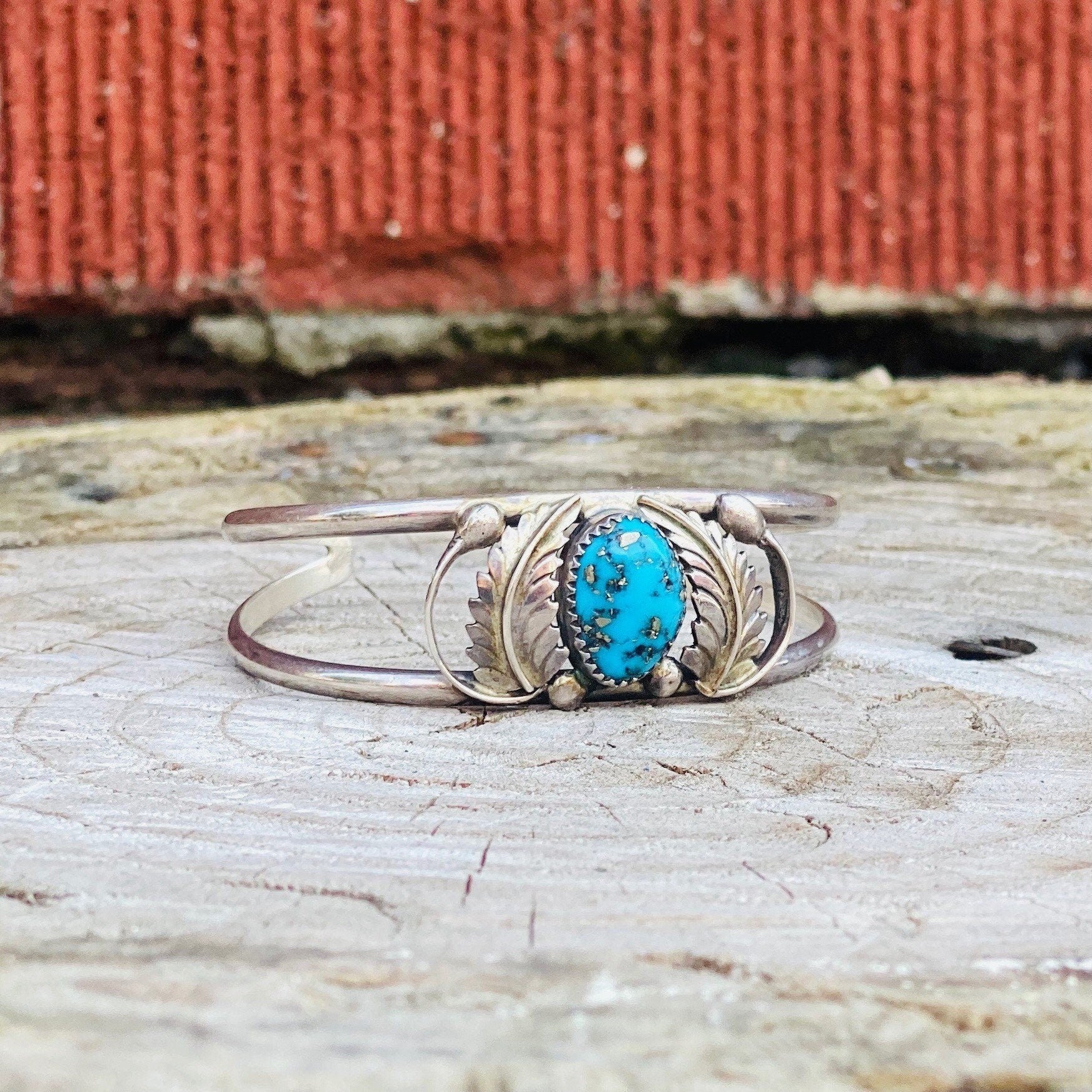 Vintage Southwestern Turquoise Cuff Bracelet, Sterling Silver Cut Out Cuff, Blue Turquoise With Silver Flecks, Silver Leaf Design, 5 1/2 L