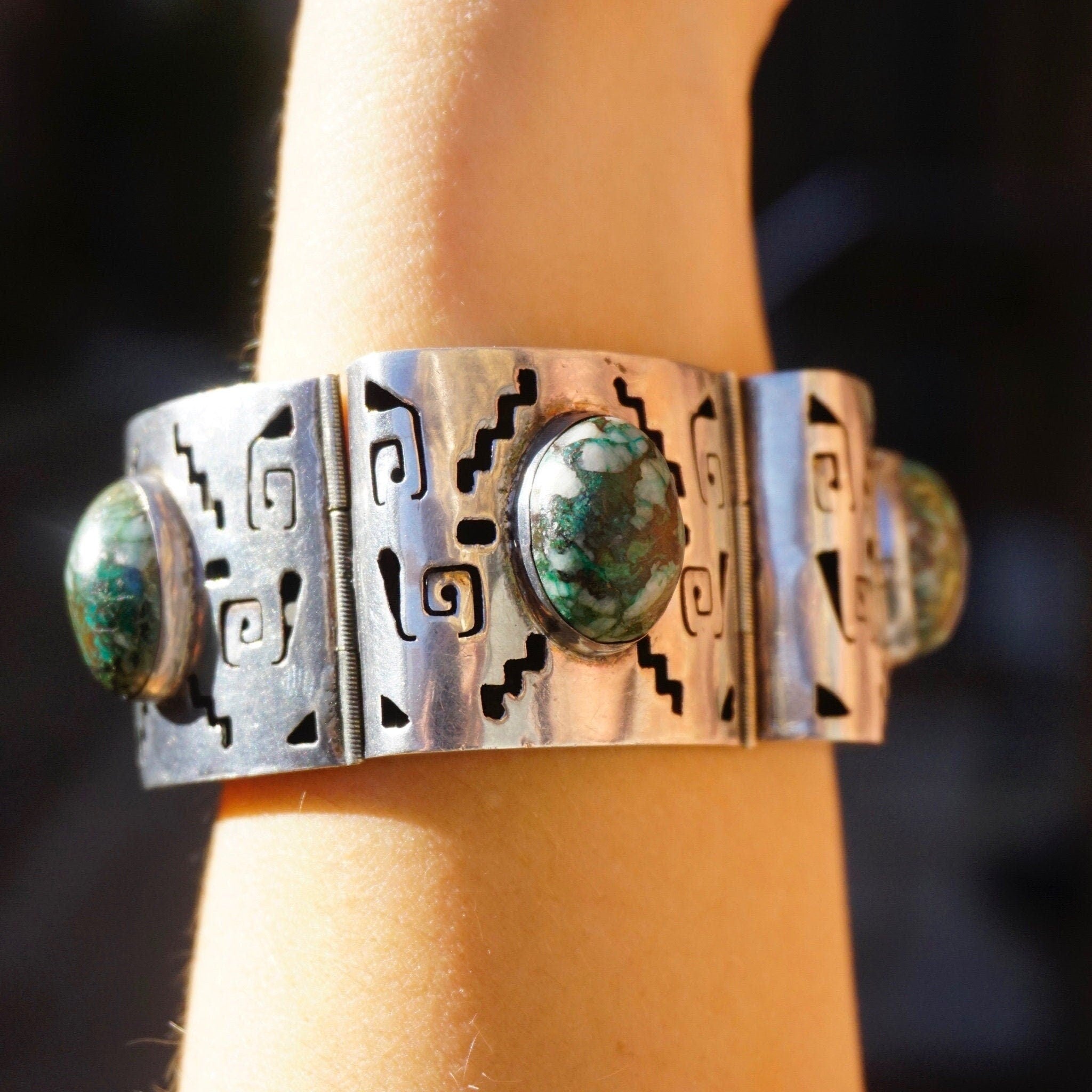 Vintage Silver Panel Bracelet With Turquoise Stones, Silver Cut Out Bracelet With Accent Stones, Hollow Silver Bracelet Wth Cut Out Design