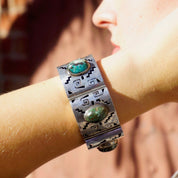 Vintage Silver Panel Bracelet With Turquoise Stones, Silver Cut Out Bracelet With Accent Stones, Hollow Silver Bracelet Wth Cut Out Design