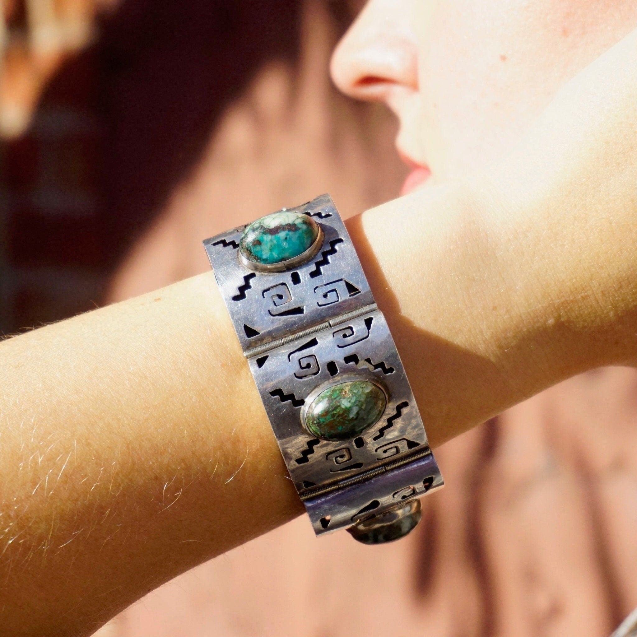 Vintage Silver Panel Bracelet With Turquoise Stones, Silver Cut Out Bracelet With Accent Stones, Hollow Silver Bracelet Wth Cut Out Design