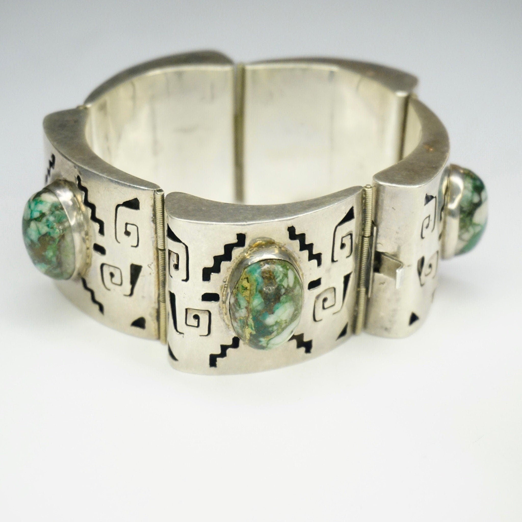 Vintage Silver Panel Bracelet With Turquoise Stones, Silver Cut Out Bracelet With Accent Stones, Hollow Silver Bracelet Wth Cut Out Design