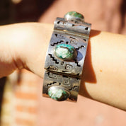 Vintage Silver Panel Bracelet With Turquoise Stones, Silver Cut Out Bracelet With Accent Stones, Hollow Silver Bracelet Wth Cut Out Design