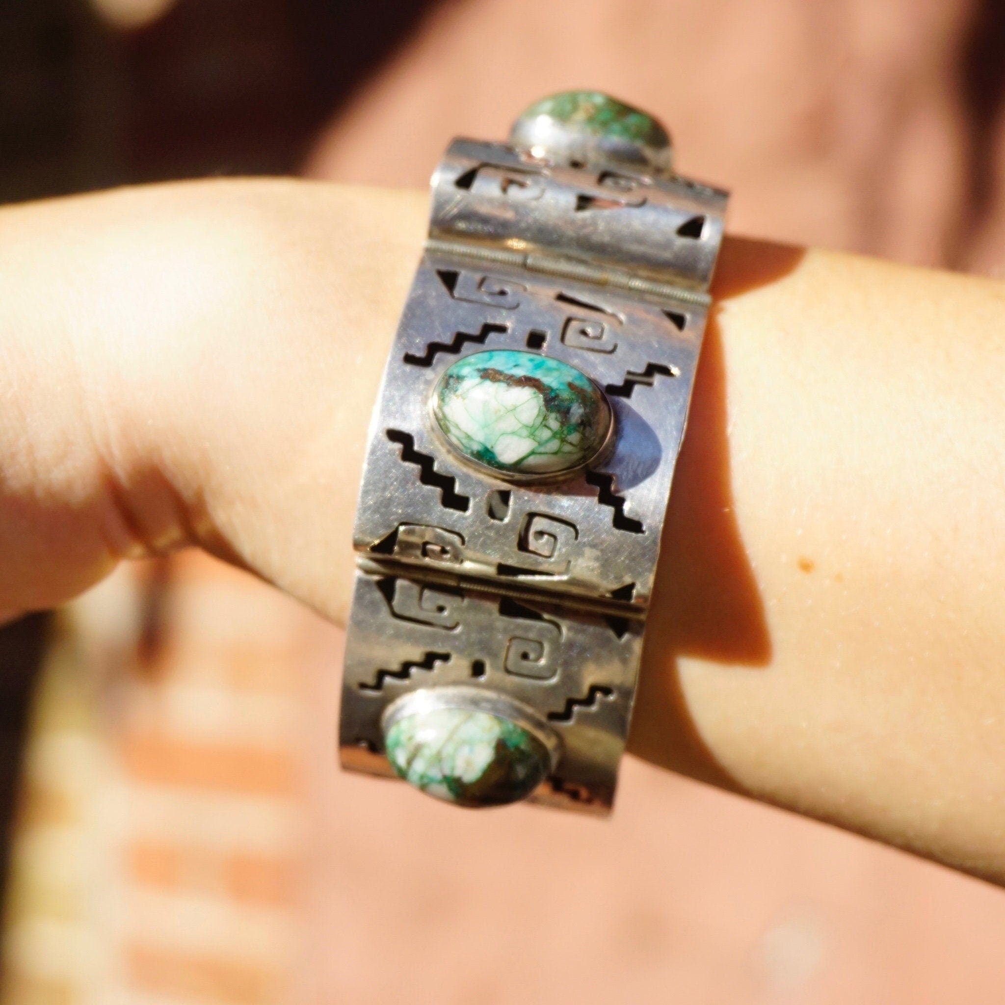 Vintage Silver Panel Bracelet With Turquoise Stones, Silver Cut Out Bracelet With Accent Stones, Hollow Silver Bracelet Wth Cut Out Design