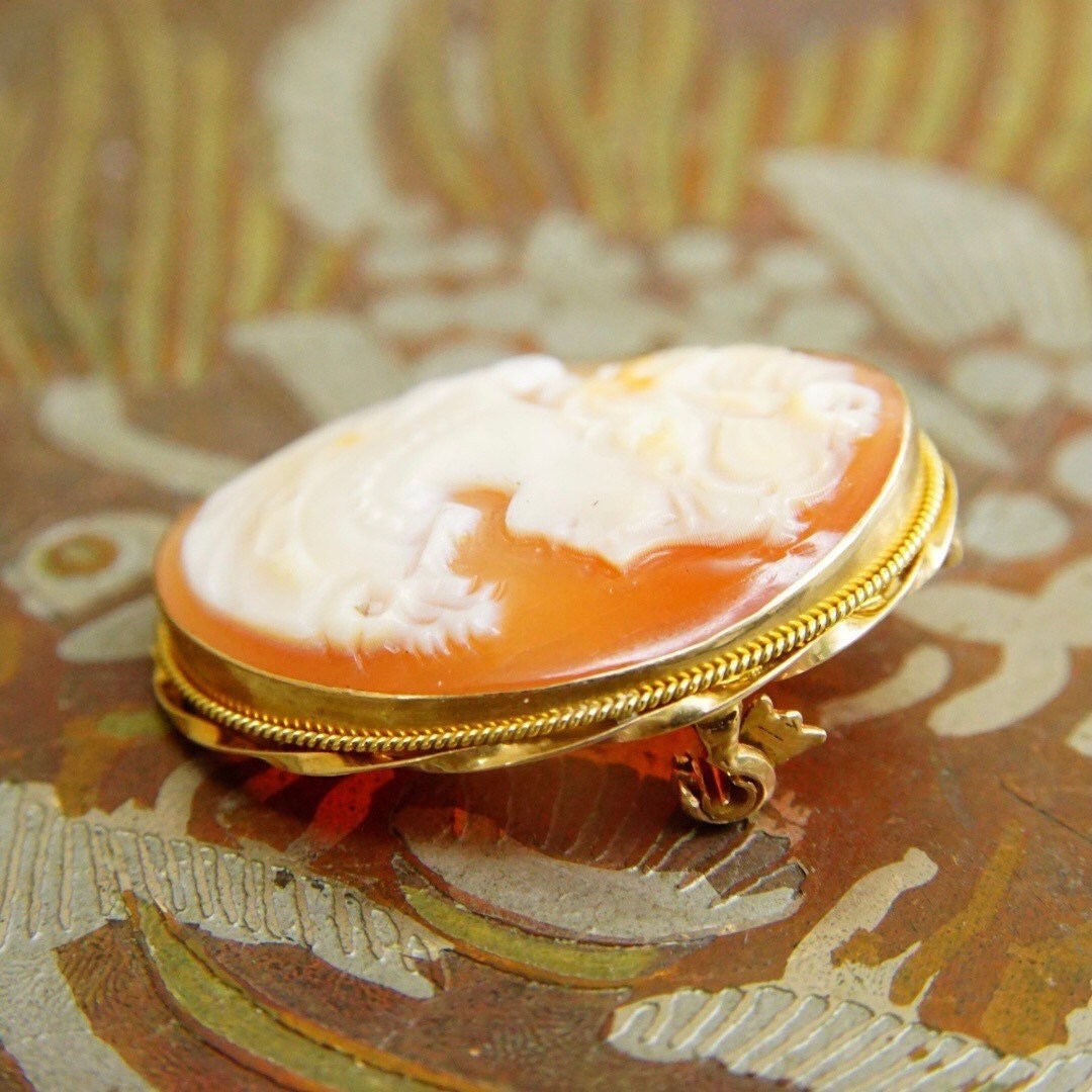 Vintage 14K Gold Cameo Pendant/Brooch, Classic Relief Lady Cameo, Carved Shell Brooch, Yellow Gold Cameo Pendant, Signed 14KT
