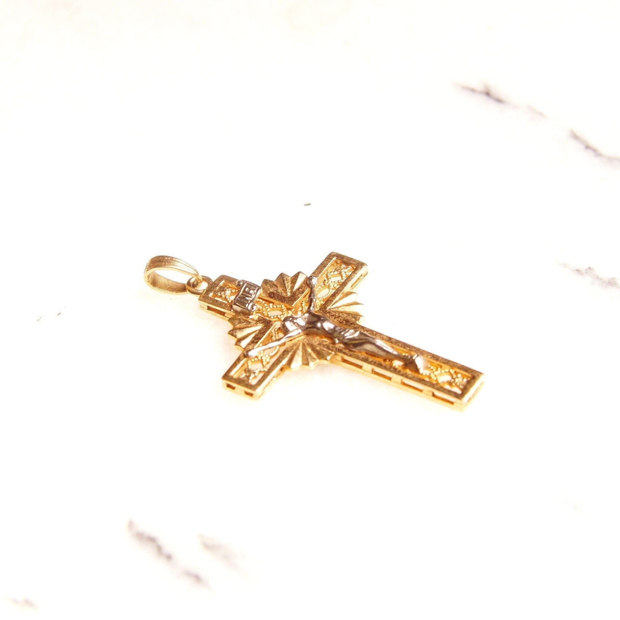 Vintage 14K Gold IRNI Crucifix Cross Pendant, Gold Filigree Cross, Religious Jewelry, Art Deco Style, 585 Fine Jewelry, 4cm