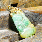 Victorian 14K Gold Carved Jadeite Jade & Diamond Pendant, Antique Marbled Jade Stone, Yellow Gold Setting With Accent Diamonds, 3 3/4 L