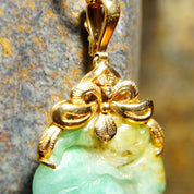 Victorian 14K Gold Carved Jadeite Jade & Diamond Pendant, Antique Marbled Jade Stone, Yellow Gold Setting With Accent Diamonds, 3 3/4 L