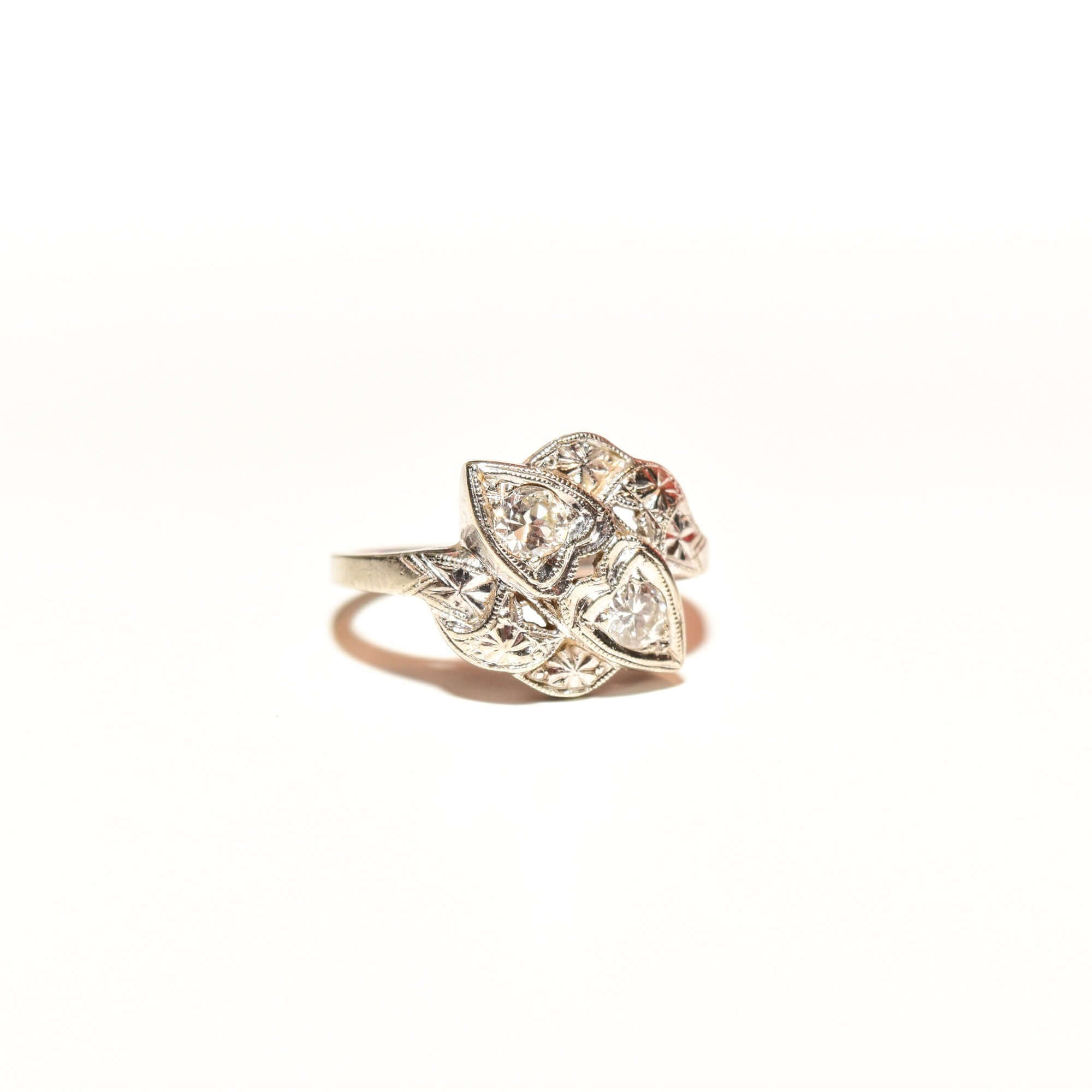Elegant Two-Diamond Cocktail Ring In 14K White Gold, Textured Stamped Design, .30 TCW, Estate Jewelry, 4 1/2 US