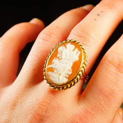 Antique 14K Gold Harp Player Cameo Ring, Large Classic Relief Carved Diaphanous Figural Cameo, Yellow Gold Ribbon Setting, Size 9 1/2 US - Good's Vintage