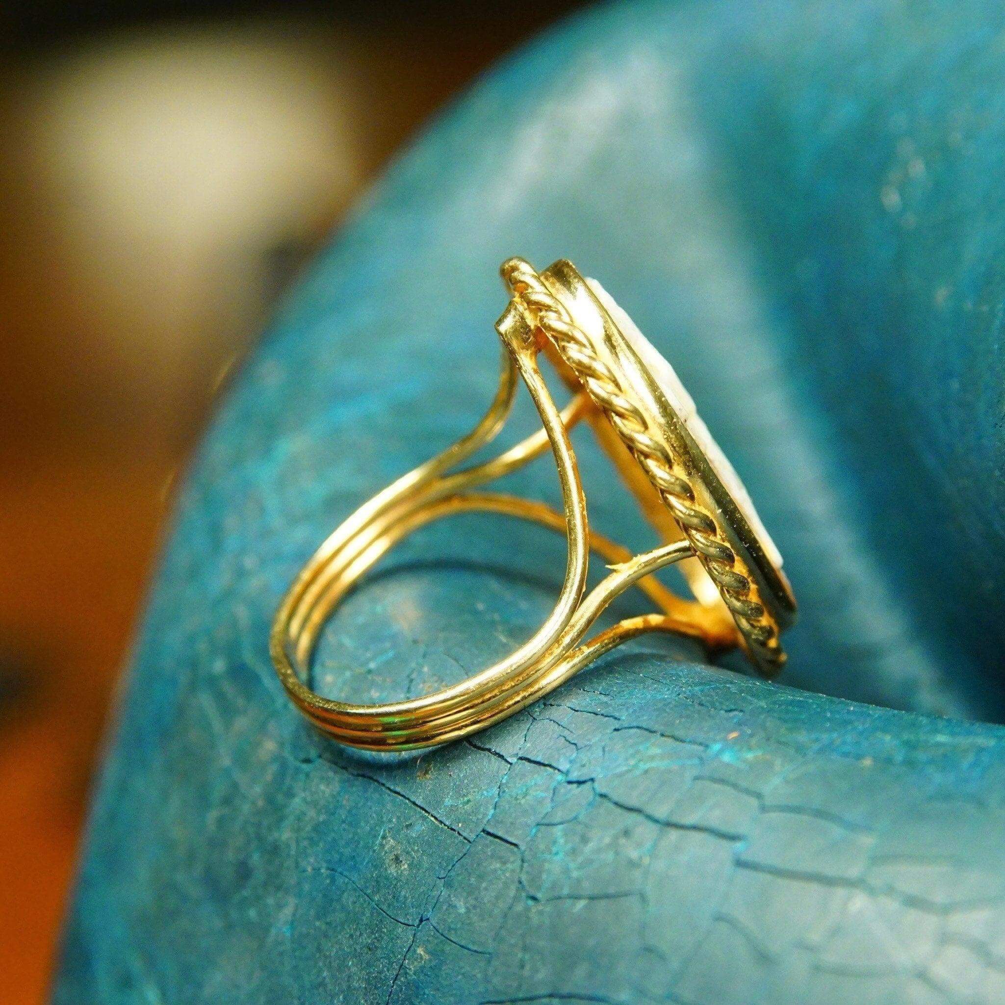 Antique 14K Gold Harp Player Cameo Ring, Large Classic Relief Carved Diaphanous Figural Cameo, Yellow Gold Ribbon Setting, Size 9 1/2 US - Good's Vintage