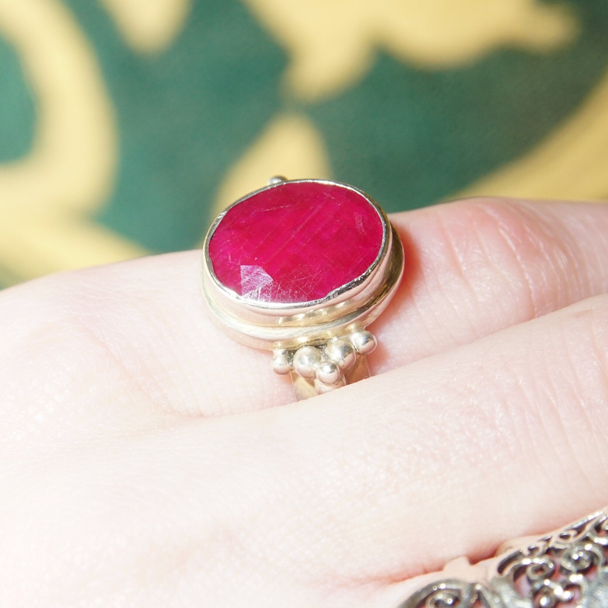 Bohemian Sterling Silver Indian Ruby Ring, Faceted Pink Gemstone, Chunky Silver Ring, 925 Jewelry, Size 6 1/4 US