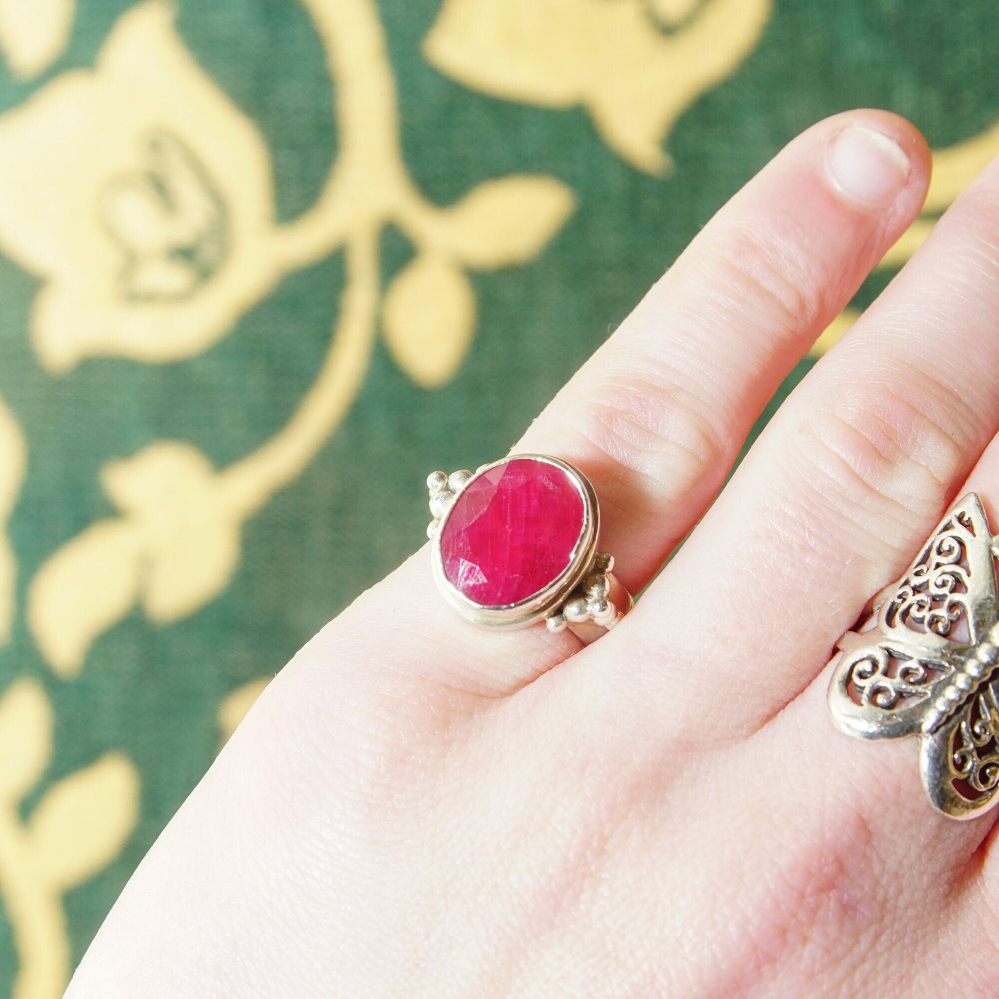Bohemian Sterling Silver Indian Ruby Ring, Faceted Pink Gemstone, Chunky Silver Ring, 925 Jewelry, Size 6 1/4 US