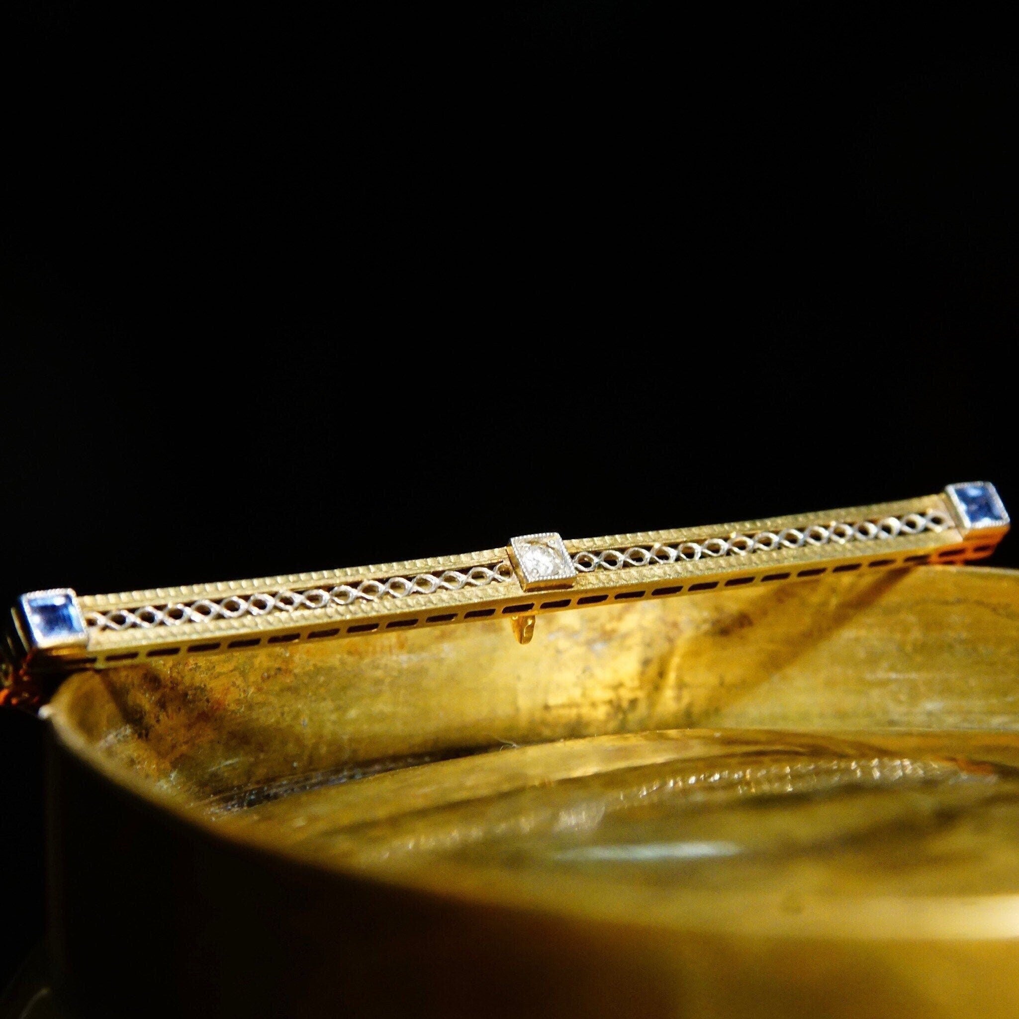 Antique Art Deco 14K Yellow Gold Filigree Diamond & Sapphire Bar Pin, .06 CT Diamond, Square Blue Gemstones, Rectangular Bar Pin, 2 1/2" L