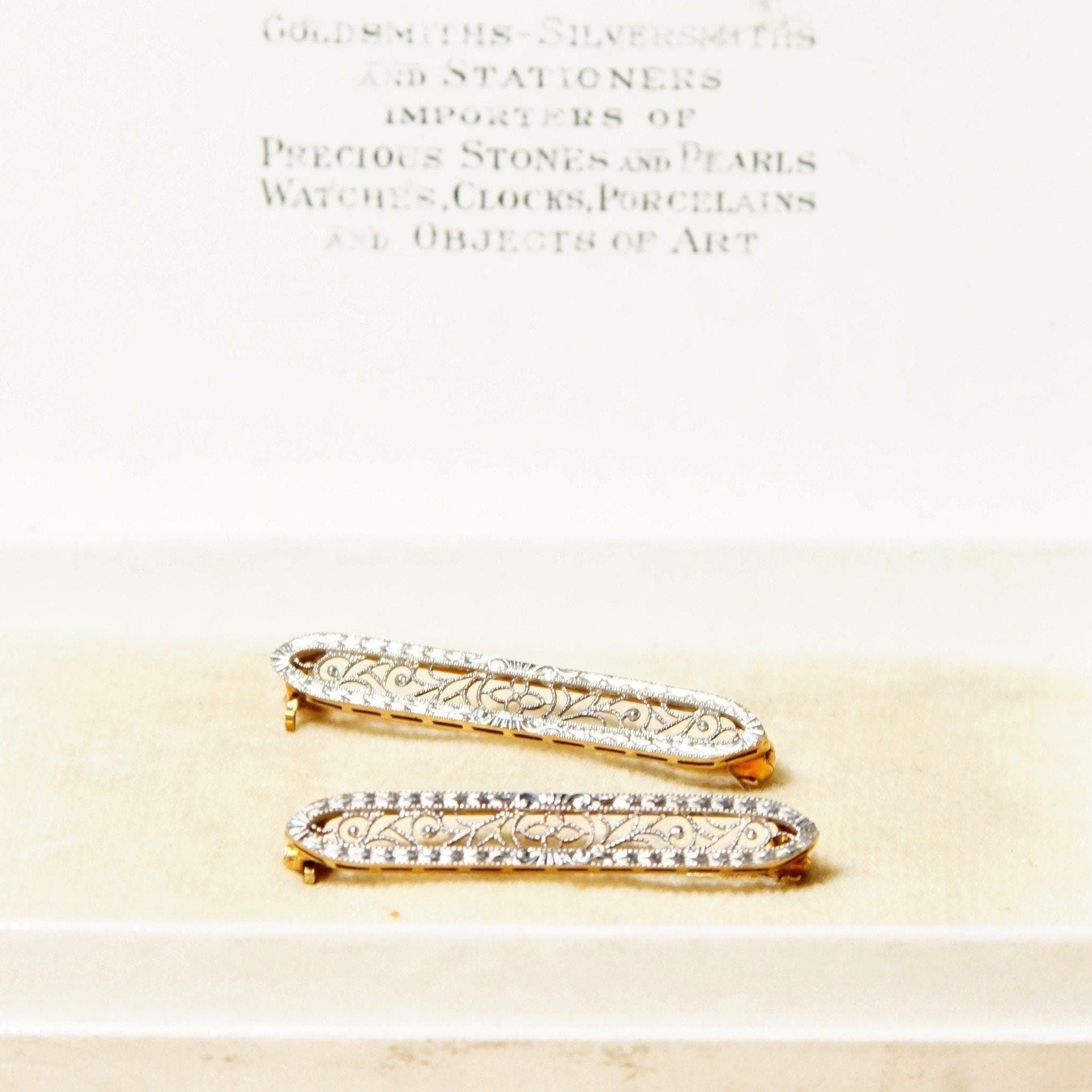 Pair Of 14K White Gold Filigree Bar Pins, Petite Gold Brooch Pins, Yellow Gold Backing, In Original Box,  1 L