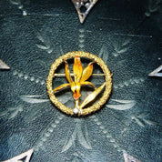 Vintage 18K Yellow Gold Enamel Flower & Accent Diamond Brooch, .06 CT Brilliant Diamond, Stipple Textured Gold Circle Pin, 1 1/2" Diameter