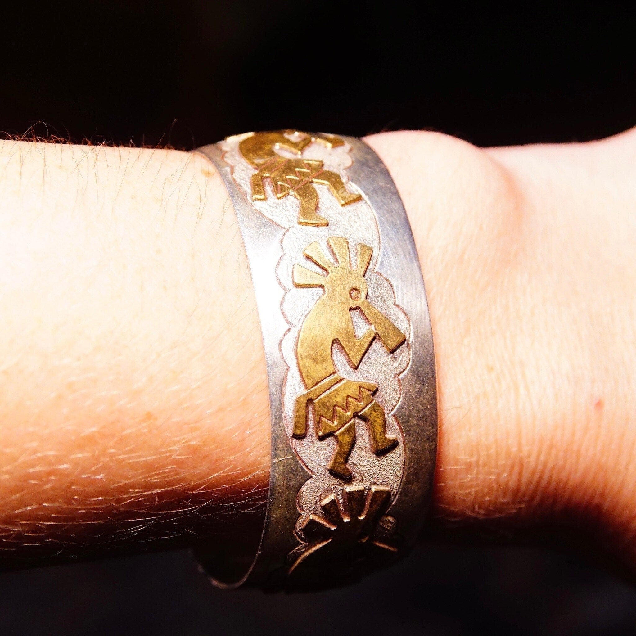 Vintage Signed KK Navajo Sterling Silver Gold Washed Kokopelli Cuff Bracelet, Symbolic Flute Player, Textured/Hammered Silver Details, 6" L