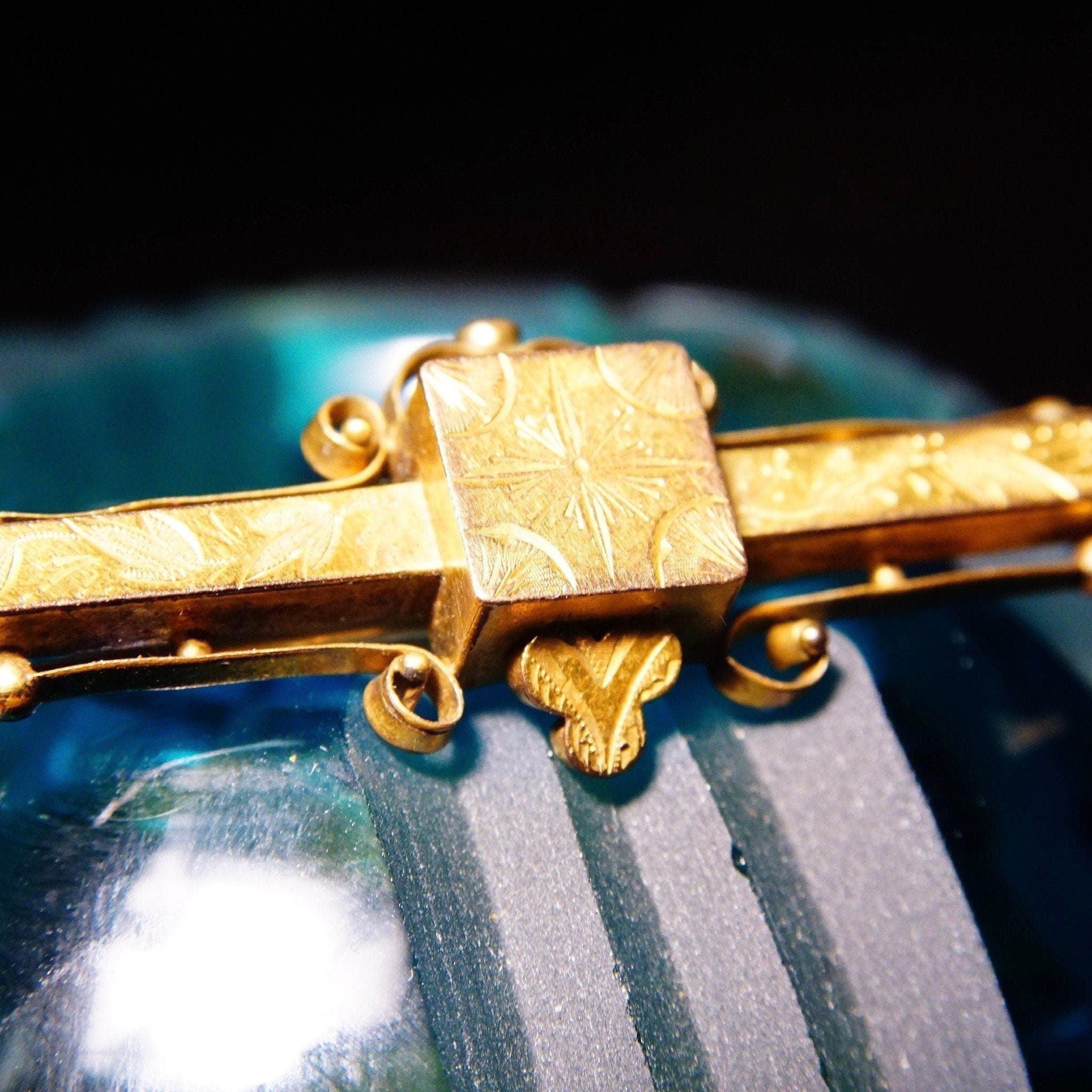 Victorian Gold Filled Engraved Bar Pin Brooch, Antique Gold Bar Pin With Intricate Leaf Engravings & Ornate Scroll Designs, 3 3/8" L