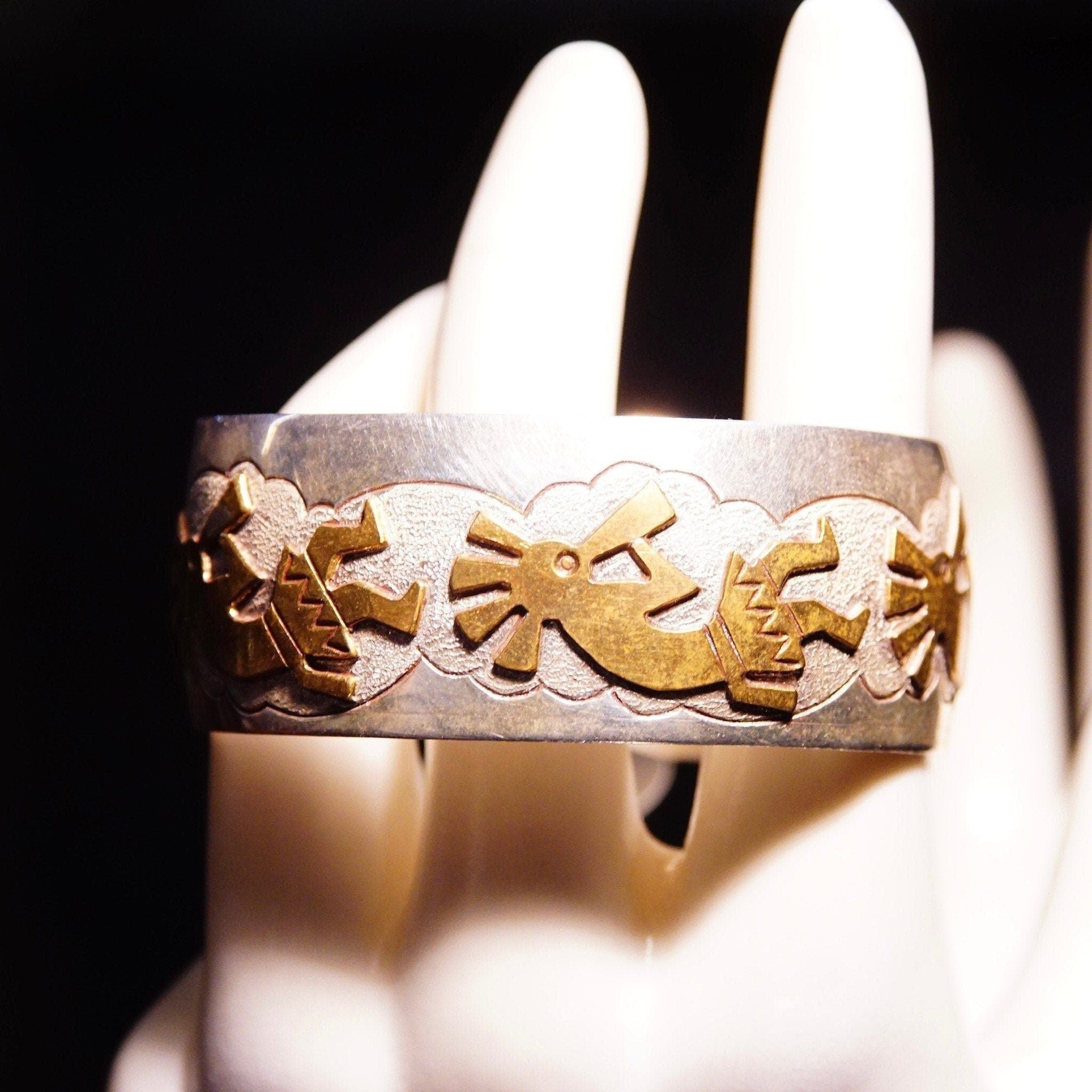 Vintage Signed KK Navajo Sterling Silver Gold Washed Kokopelli Cuff Bracelet, Symbolic Flute Player, Textured/Hammered Silver Details, 6" L
