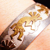 Vintage Signed KK Navajo Sterling Silver Gold Washed Kokopelli Cuff Bracelet, Symbolic Flute Player, Textured/Hammered Silver Details, 6" L