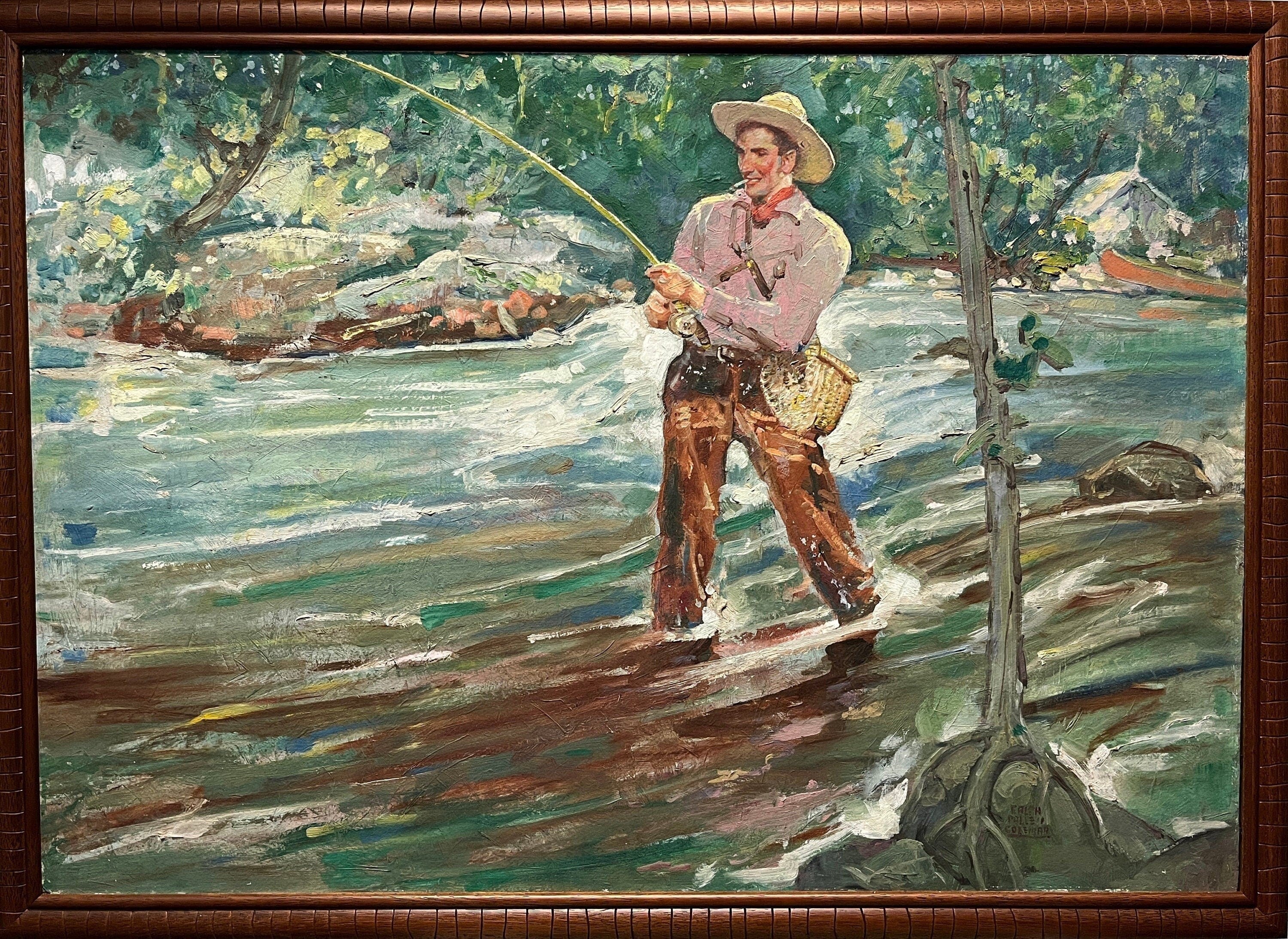 Ralph Pallen Coleman (1892-1968), Fisherman, Oil on Board Painting Framed, Western Realism, American Scenic Wall Art, Philadelphia Artist