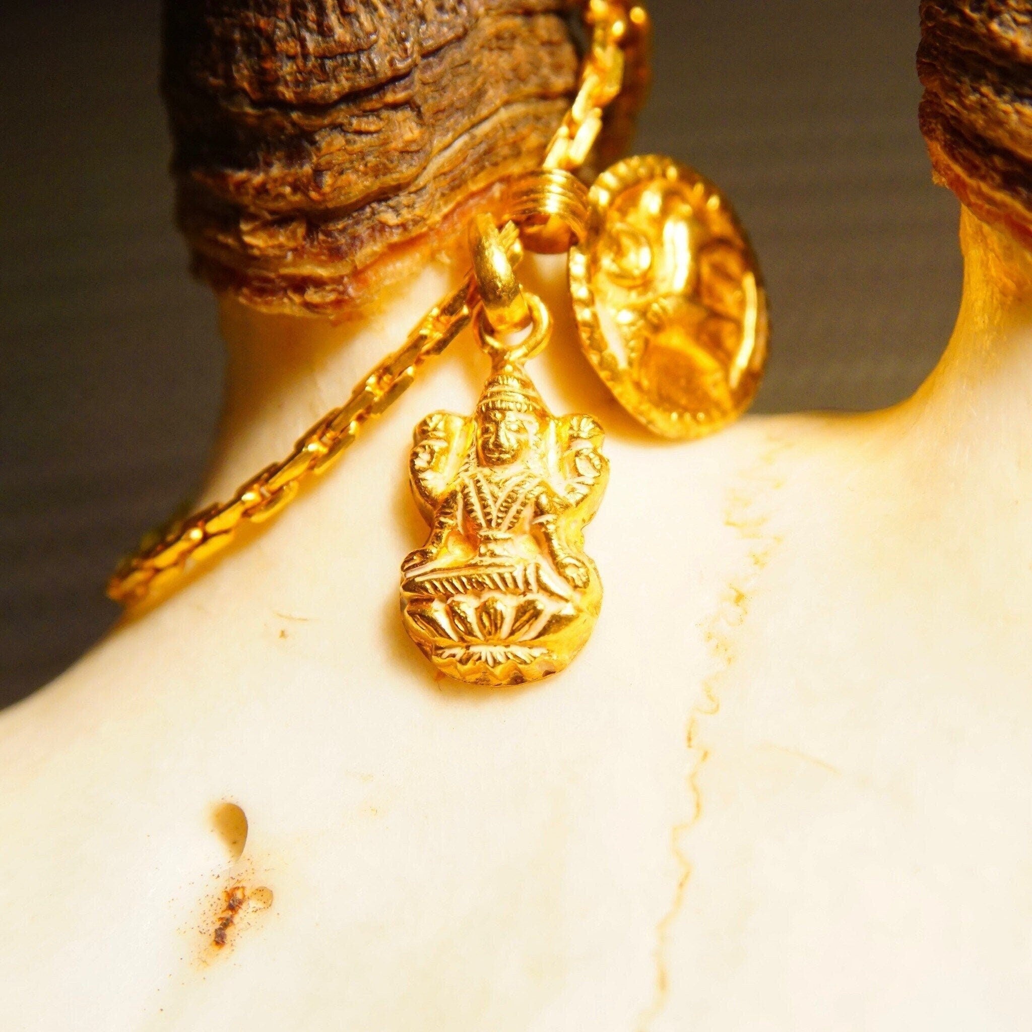 Vintage 22KT Yellow Gold 2-Charm Chain Necklace, Hindu Gods, Lakshmi, Bhairava, Dog Charm, 1.25mm Boston Link Chain, Hook Clasp, 16 3/4" L