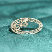 Art Deco 14K White Gold Filigree Diamond Ribbon Wreath Brooch, Ornate Oval Pin, Floral Motifs, 32mm - Good's Vintage