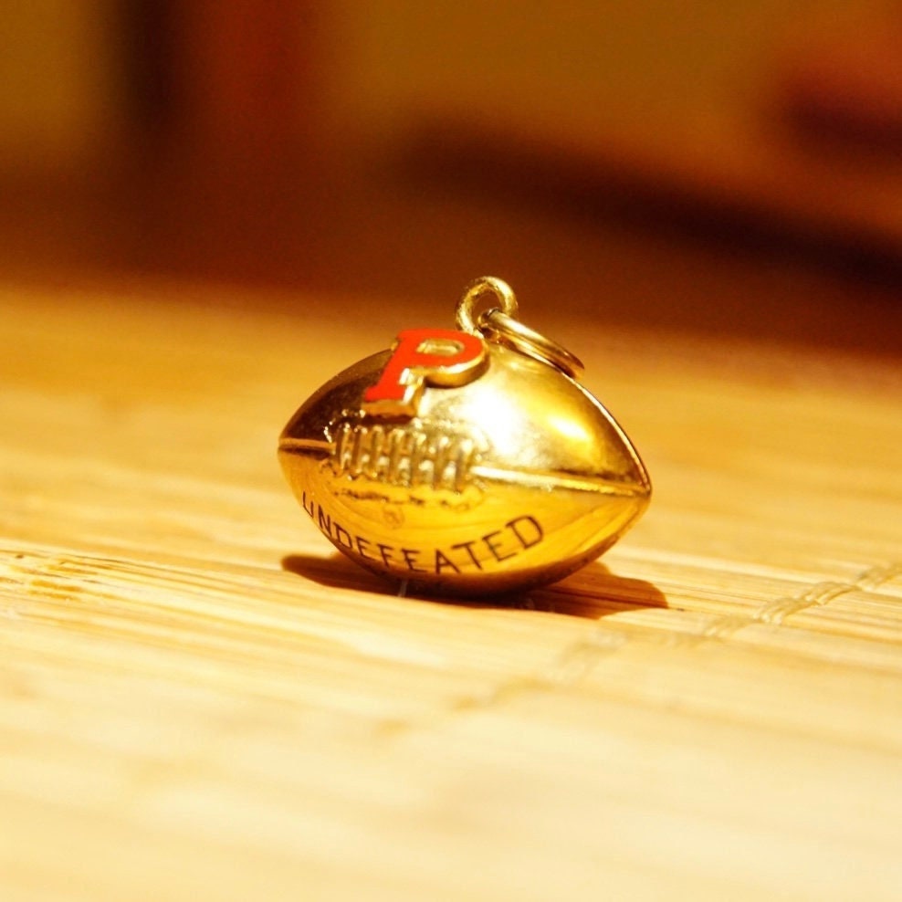 Vintage 10K Gold Enamel Football Charm 'Undefeated 1956', Red P Lettermark, Embossed Yellow Gold Football Charm/Pendant, 3/4" L x 7/8" W