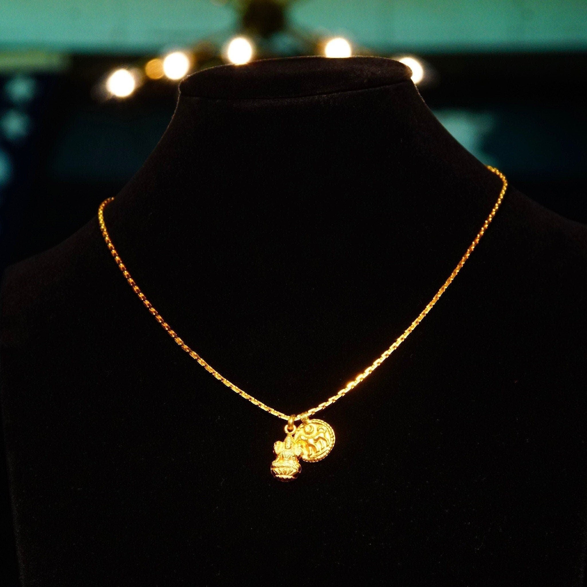 Vintage 22KT Yellow Gold 2-Charm Chain Necklace, Hindu Gods, Lakshmi, Bhairava, Dog Charm, 1.25mm Boston Link Chain, Hook Clasp, 16 3/4" L