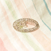 Art Deco 14K White Gold Filigree Diamond Ribbon Wreath Brooch, Ornate Oval Pin, Floral Motifs, 32mm - Good's Vintage