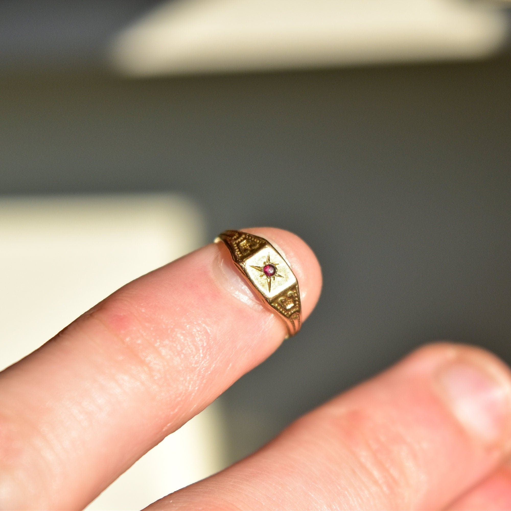 Victorian 10K Garnet Baby Ring In Antique Yellow Gold, Tiny Engraved Ring, Mourning Jewelry, Toe Ring - Good's Vintage