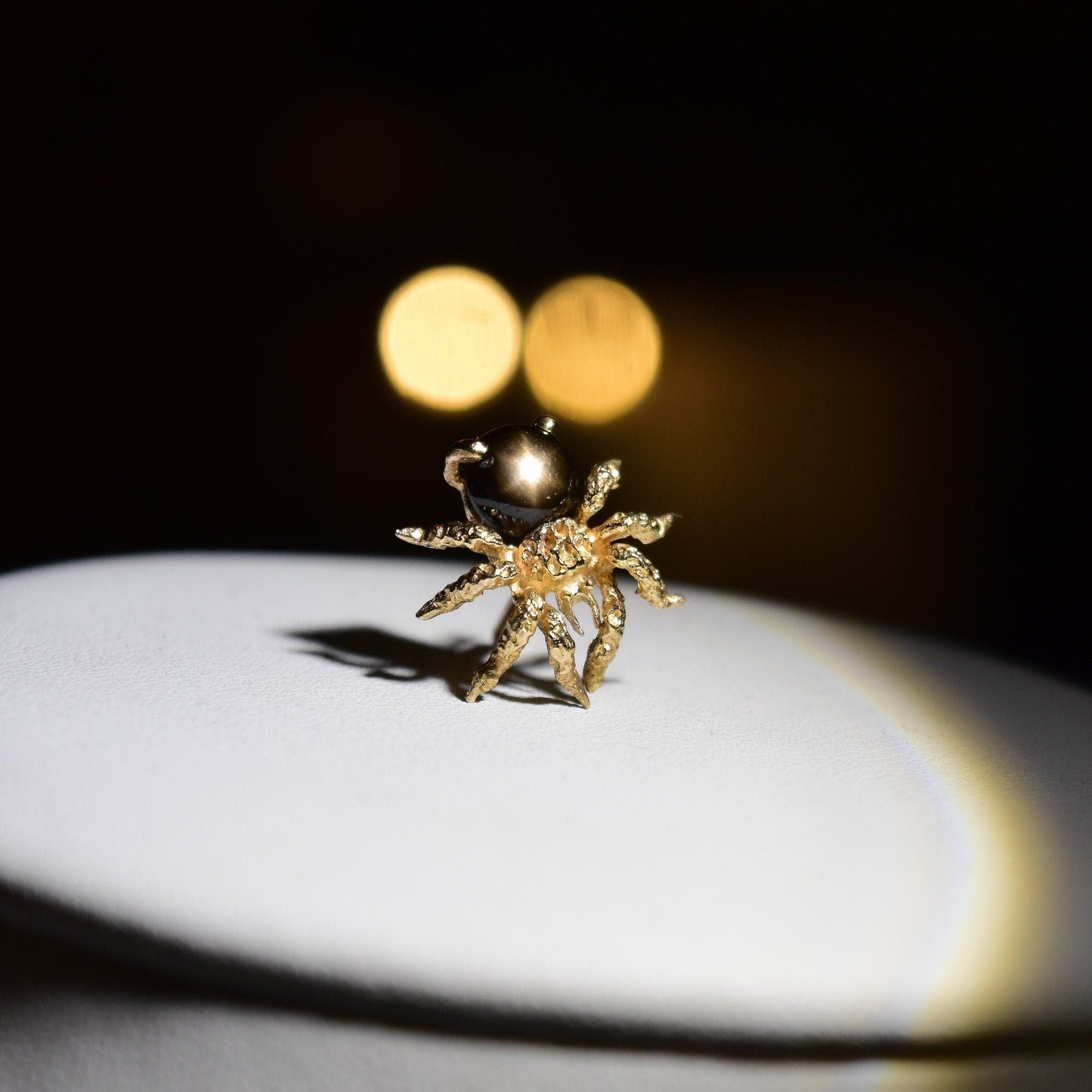 Black Star Sapphire Spider Tie Tack In 14K Yellow Gold, Gemstone Cabochon, Vintage Lapel Pin, 15mm