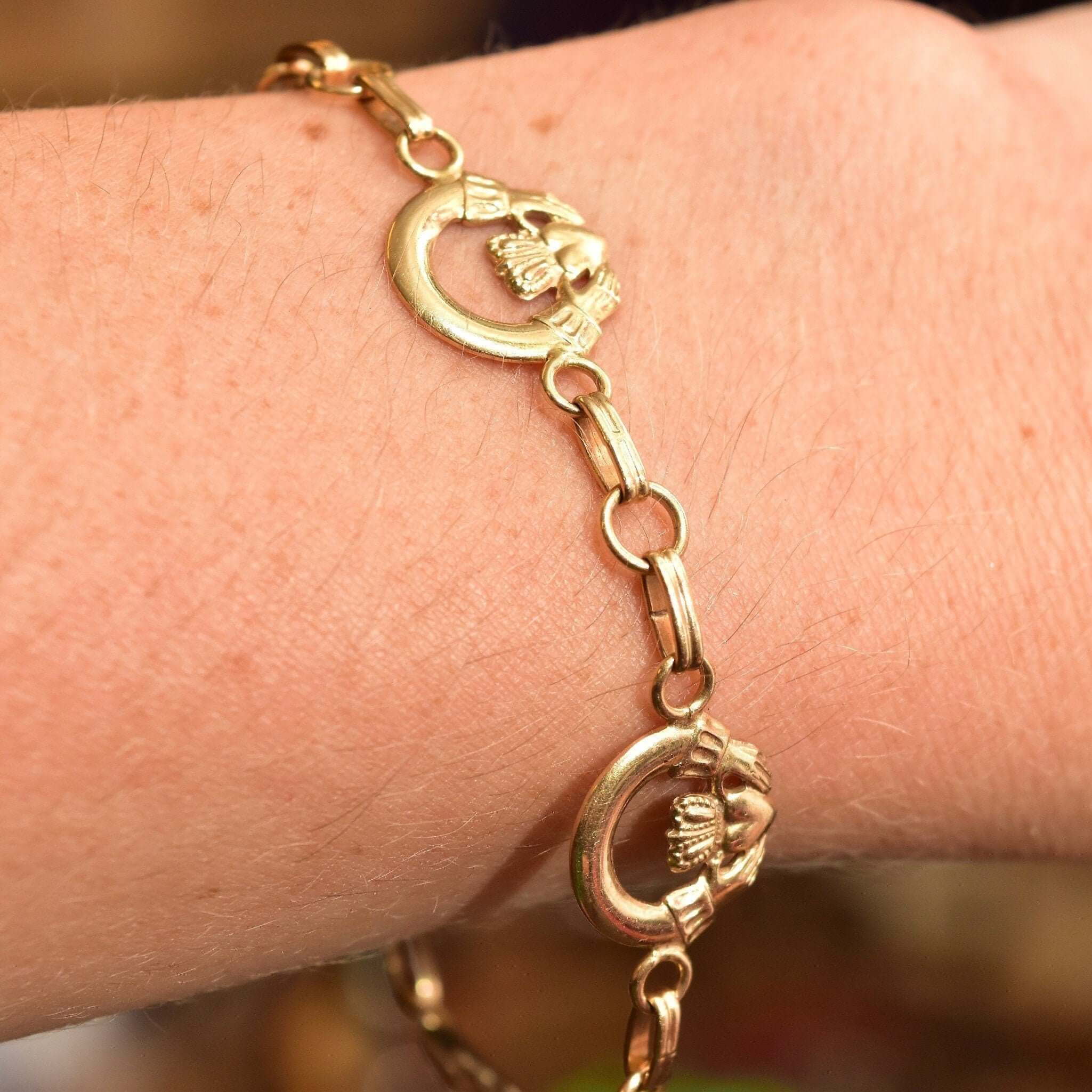 14K Irish Claddagh Link Bracelet In Yellow Gold, Symbol Of Love, Loyalty & Friendship, Vintage Jewelry, 7 3/4" L
