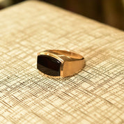 14K Yellow Gold Black Onyx Signet Ring, Sleek Modernist Unisex Gold Ring, Satin & Polished Finish, Size 8 3/4 US