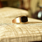 14K Yellow Gold Black Onyx Signet Ring, Sleek Modernist Unisex Gold Ring, Satin & Polished Finish, Size 8 3/4 US