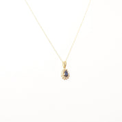 Sapphire Diamond Halo Teardrop Pendant Necklace In 14K Yellow Gold, 1mm Cable Chain, Estate Jewelry, 18 1/2" L - Good's Vintage