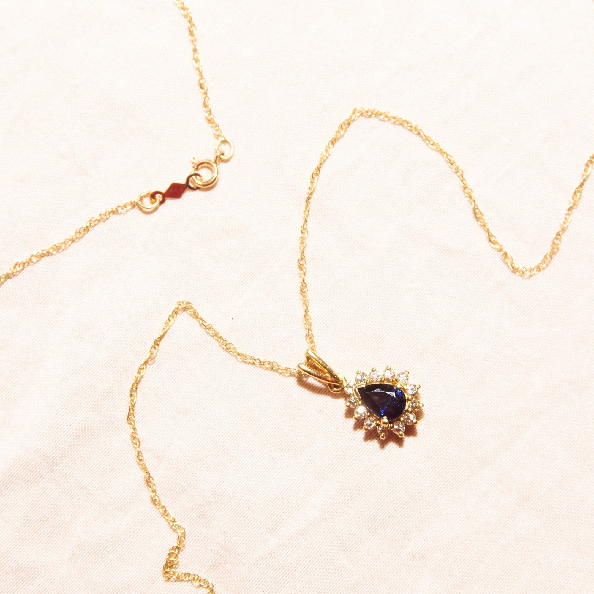 Sapphire Diamond Halo Teardrop Pendant Necklace In 14K Yellow Gold, 1mm Cable Chain, Estate Jewelry, 18 1/2" L - Good's Vintage