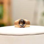 14K Black Star Sapphire Ring In Satin Yellow Gold, Men's Pinky Ring, Gemstone Asterism, Estate Jewelry, 8 3/4 US