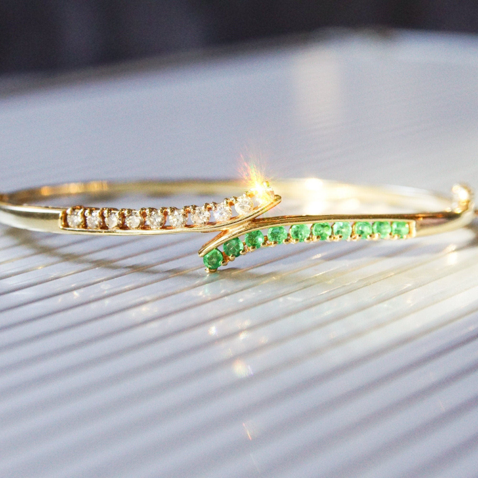 Natural Emerald Diamond Bypass Bangle Bracelet In 14K Gold