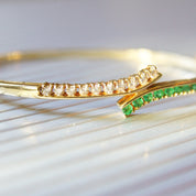 Natural Emerald Diamond Bypass Bangle Bracelet In 14K Gold
