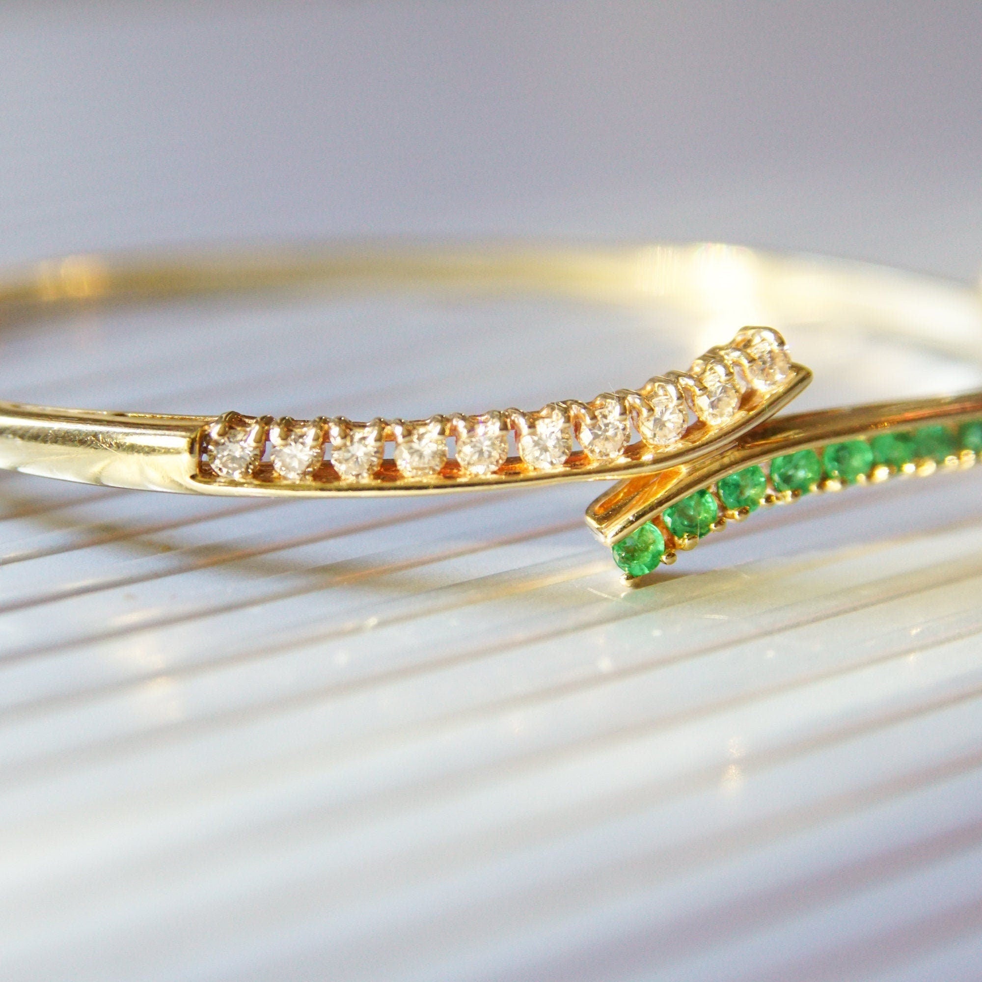 Natural Emerald Diamond Bypass Bangle Bracelet In 14K Gold