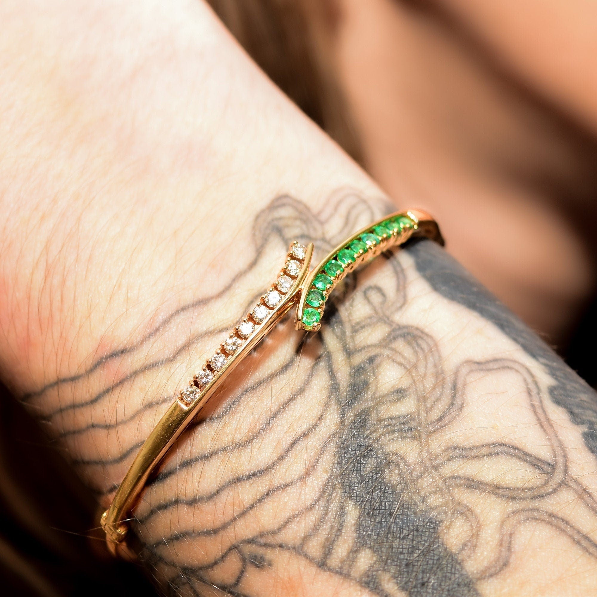 Natural Emerald Diamond Bypass Bangle Bracelet In 14K Gold