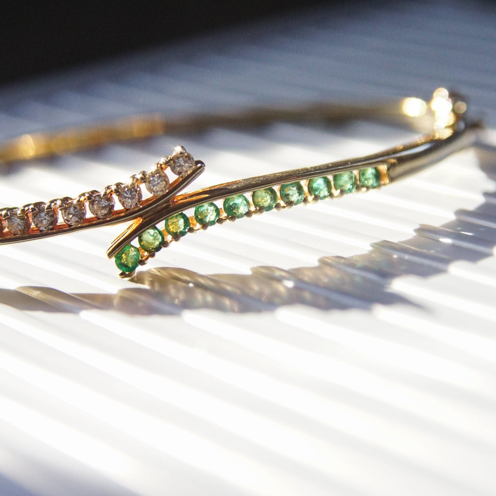 Natural Emerald Diamond Bypass Bangle Bracelet In 14K Gold