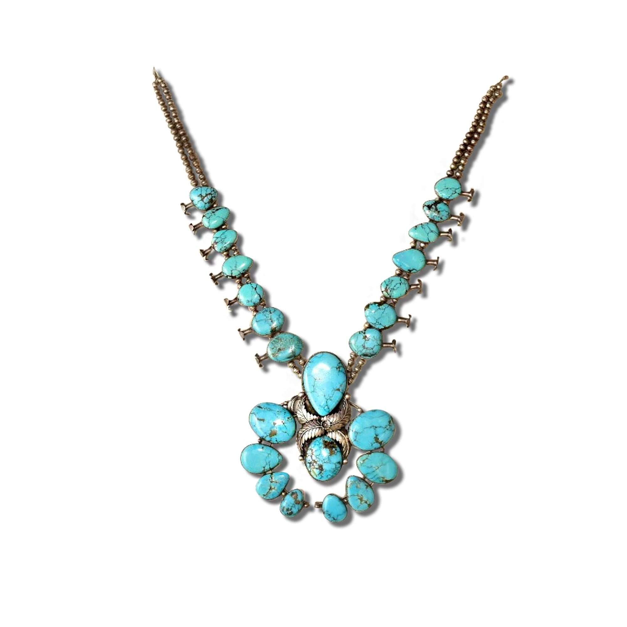 HUGE Native American Turquoise Squash Blossom Necklace, Vintage Old Pawn Jewelry, Navajo Pearls, Natural Blue Turquoise, 32" L - Good's Vintage