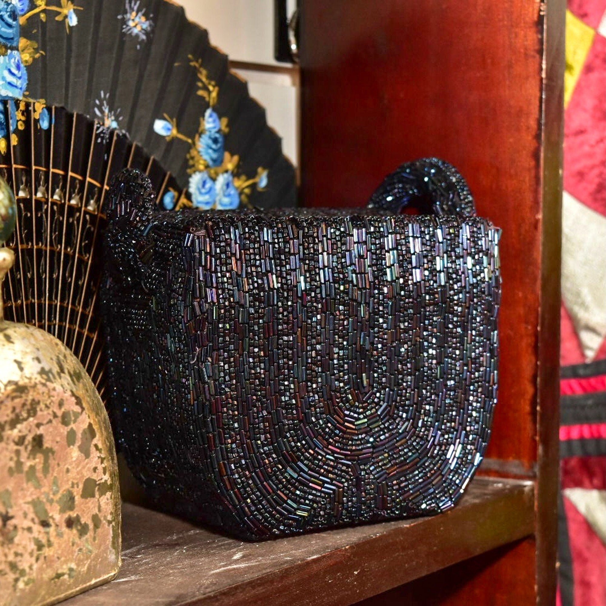 1940's Bugle Bead Box Purse W/ Matching Top-Handle Strap, Rose Gold Satin Lining & Coin Purse