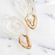 14K Puffed V-Hoops, Line Textured Yellow Gold Chevron Earrings, Hinged Ear Wire, S/M Size, 1 3/8" L
